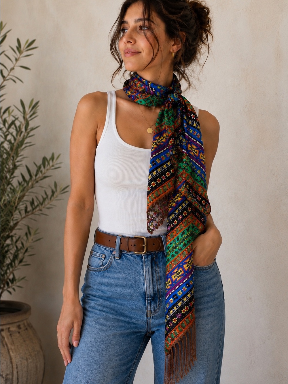 Vintage 100% Silk Fringe Scarf Shawl Wrap Boho Geometric Multicolor